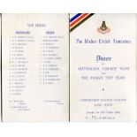 Australia tour to India 1956/57. Official menu for the 'Dinner to Australian Cricket Team and The