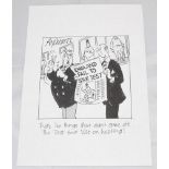 Roy Ullyett c1990s. Original pen and ink cartoon depicting two gentlemen in blazers, one holding a