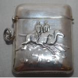 Horse Racing vesta case. Victorian silver metal vesta case decorated with two horses and jockey's to