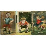 Comical football postcards. Eleven colour postcards of boy footballers. Titles are 'The Backyard