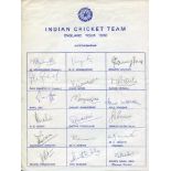 India tour to England 1990. Official autograph sheet signed by all eighteen members of the India