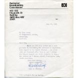 Cricket letters 1970s/1980s. Single page typed letter on Australian Broadcasting Commission