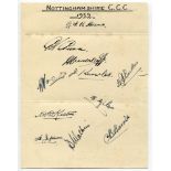 Nottinghamshire C.C.C. 1939. Large album page very nicely signed in ink by eleven Nottinghamshire