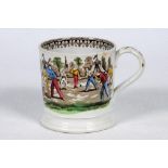 Village cricket mug. Staffordshire 19th century mug, transfer printed in black with two scenes of