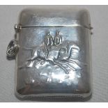 Horse Racing vesta case. Victorian silver metal vesta case decorated with two horses and jockey's to