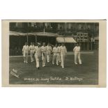 'Sussex XI taking the field at Hastings' 1920. Sepia real photograph postcard for the match Sussex v