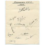 Middlesex C.C.C. 1939. Large album page very nicely signed in ink by eleven Middlesex players.