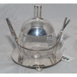 'Cricketing conserve pot'. Attractive silver plated conserve pot with circular stand having