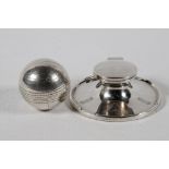 Cricket inkwell. Impressive silver capstan inkwell, heavy flat circular base with hinged lid