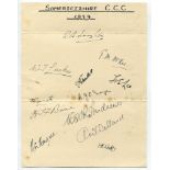 Somerset C.C.C. 1939. Large album page very nicely signed in ink by twelve Somerset players.