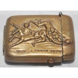 Rugby. 'A Touch Down'. Excellent brass metal rounded oblong vesta case with an impressive image of