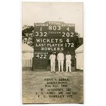 Kent C.C.C. record score 1934. Sepia real photograph postcard of Bill Ashdown, Frank Woolley and Les