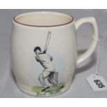 'Jack Hobbs'. Sandland ceramic tankard with transfer printed colour image of Hobbs in batting pose