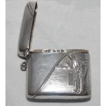 Victorian cricket vesta case. Attractive silver rounded oblong vesta case decorated in relief with a