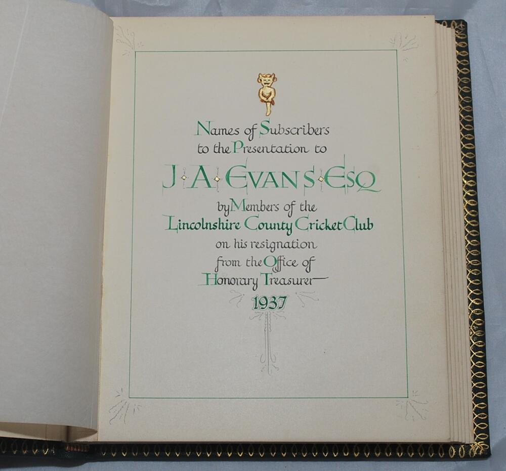 Lincolnshire County Cricket Club 1937. Nicely presented and bound album presented to J.A. Evans by