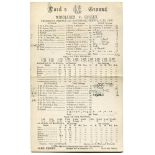 Middlesex v Sussex 1899. Early scorecard for the match played at Lord's on the 8th-10th June 1899.