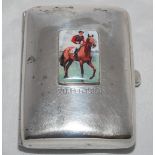 Horse racing. Attractive silver cigarette case with raised oblong enamel image of a horse and jockey