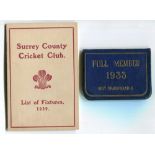 Surrey C.C.C. 1933. Official Surrey 'Full Member' blue leather folding ticket for 1933. Also an
