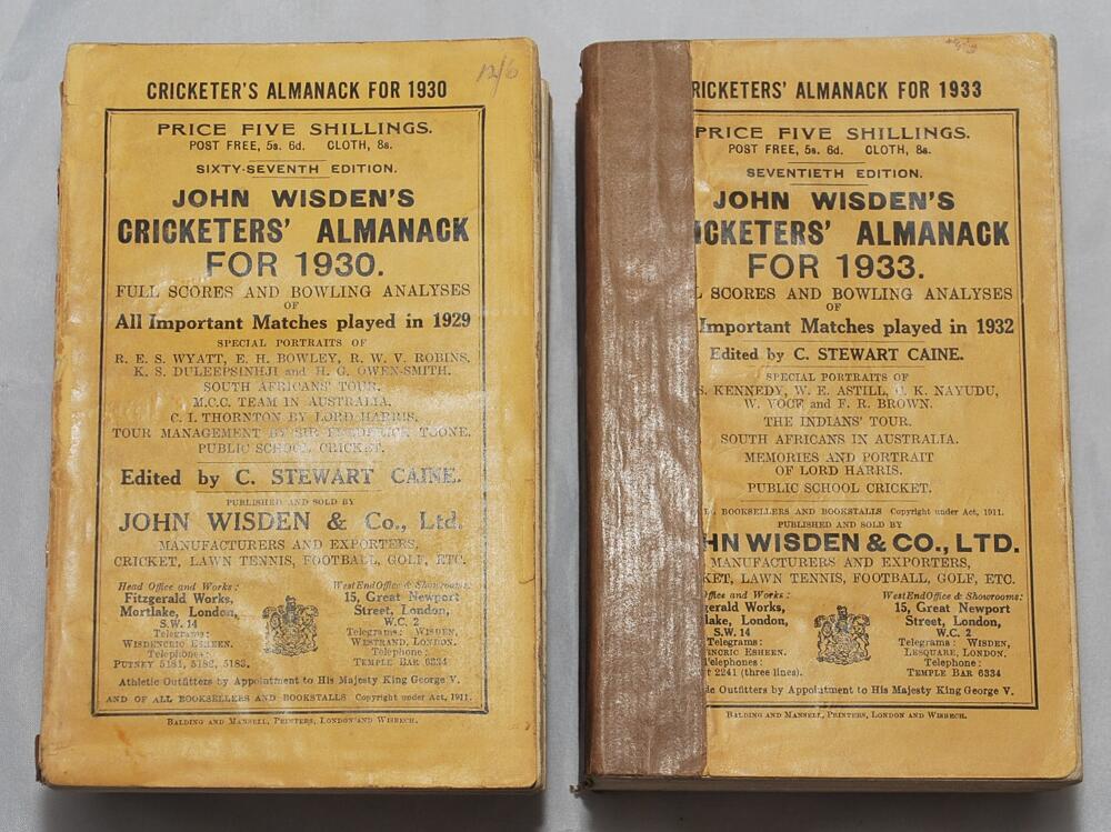 Wisden Cricketers' Almanack 1930 & 1933. 67th and 70th editions. Original paper wrappers. The 1930
