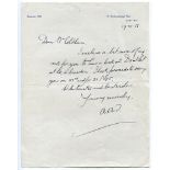 A.A. Thomson, cricket author. Single page handwritten letter to Mr Coldham from his London