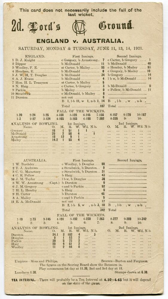 Australia tour to England 1921. Official scorecard for the second Test played at Lord's 11th-14th - Image 2 of 2