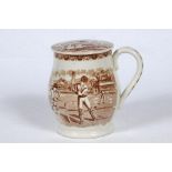 Staffordshire shaving mug. Victorian Staffordshire shaving mug and ceramic cover (lid) with strap