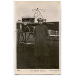 Aviation. Mono real photograph postcard of the aviator Gustav Hamel standing in front of his