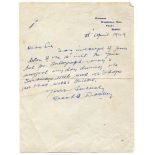 Frank Edward Woolley. Kent & England 1906-1938. Handwritten one page letter from Woolley, on '