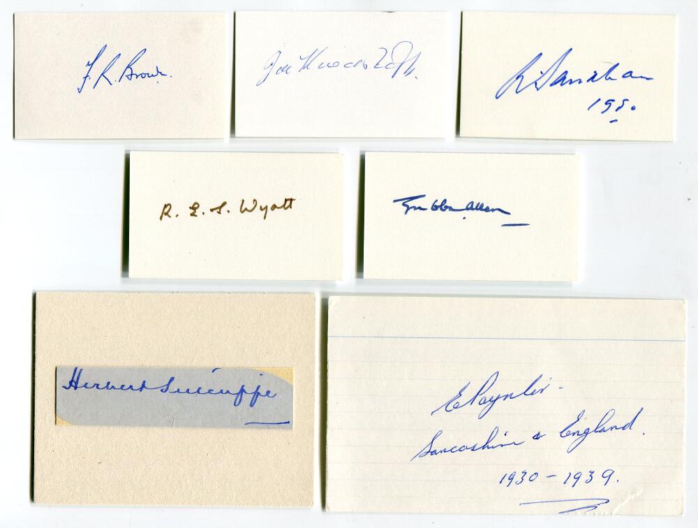 England Test cricketers 1920s-1950s. Seven signatures on card. Signatures are Freddie Brown, Joe