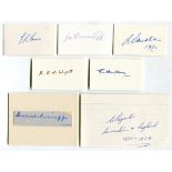 England Test cricketers 1920s-1950s. Seven signatures on card. Signatures are Freddie Brown, Joe