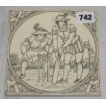 Cricket tile. Victorian 'Malkin Edge' cricket tile, printed in dark blue with a scene of a Tudor