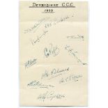 Derbyshire C.C.C. 1939. Large album page very nicely signed in ink by eleven Derbyshire players.