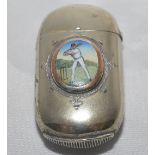 Victorian cricketing vesta case. Attractive electro-plated rounded oblong vesta case applied with