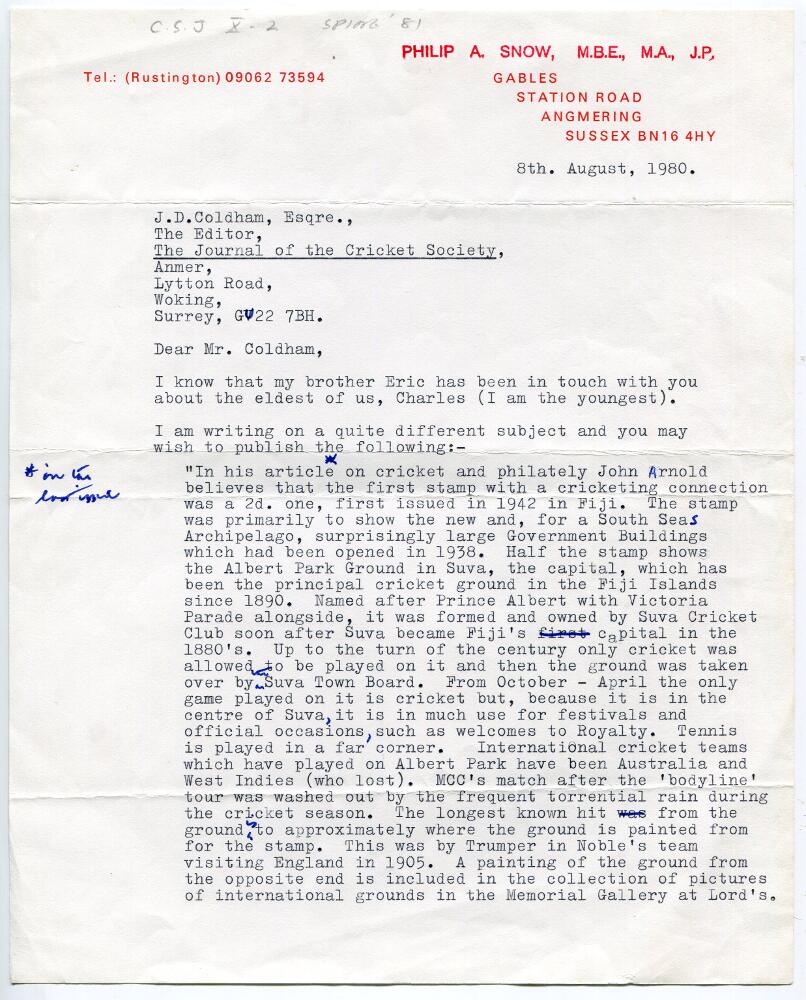 Philip A. Snow, cricket author. Two page typed letter with handwritten annotations and corrections - Image 2 of 2