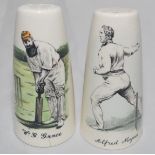 Cricket pepper pots. 'Sandland' 4" pepper pots, with colour vignettes. One features W.G. Grace in