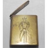 Cricket vesta. Brass metal vesta case with engraved image of a cricketer in cap stood in front of