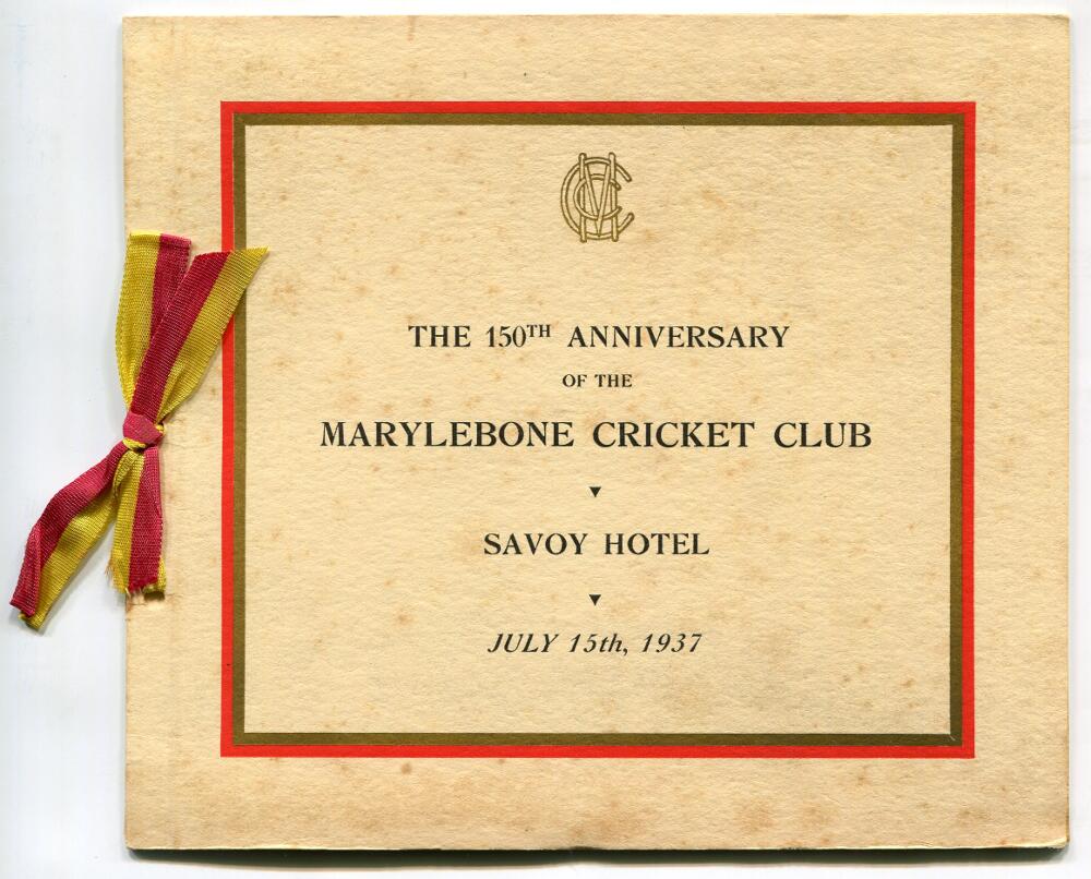 'The 150th Anniversary of the Marylebone Cricket Club 1937'. An official menu, with ribbon tie in