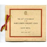 'The 150th Anniversary of the Marylebone Cricket Club 1937'. An official menu, with ribbon tie in