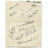 England v India 1946. Page nicely signed in ink by eleven England players for the third Test