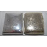 Cricket cigarette cases. Two silver plated cigarette cases, the first inscribed 'Presented to J.C.