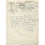 Sydney Santall. Warwickshire & London County 1894-1914. Single page handwritten letter in ink on '