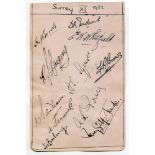 Surrey C.C.C. 1932. Album page nicely signed in ink by eleven Surrey players. Signatures include