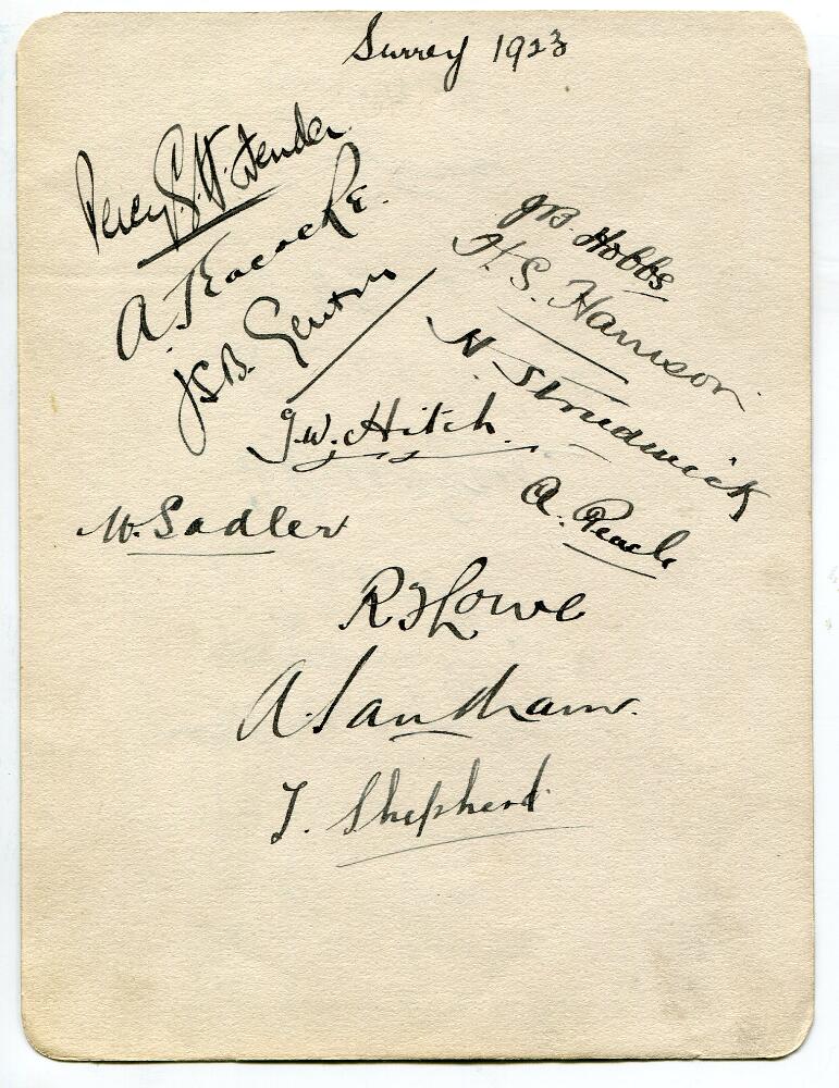 Surrey C.C.C. 1923. Album page very nicely signed in ink by twelve Surrey players. Signatures are