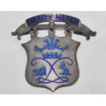 'County Match'. Large ornate silver and cobalt blue enamel pin badge with title on bar hanging above