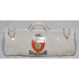 Cricket bag. Large crested china cricket bag with colour emblem for 'Leicester'. W. Approx 4.5"