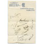 Gentlemen v Players, Lord's 1931. Page on M.C.C. letterhead nicely signed by the eleven members of