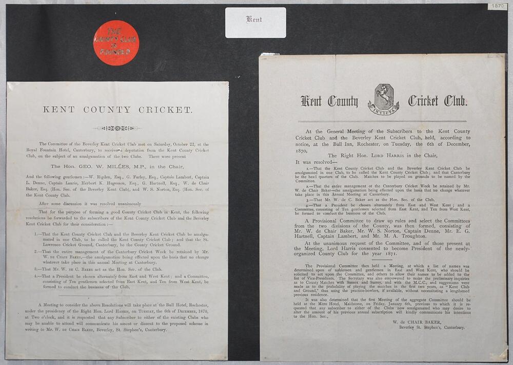 Kent County Cricket Club formation, 1870. Two original printed single page reports of meetings