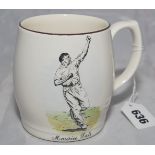 'Maurice Tate'. Sandland ceramic tankard with transfer printed colour image of Tate in bowling