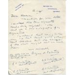 Bryan Herbert Valentine. Kent, Cambridge University & England 1927-1948. Single page handwritten