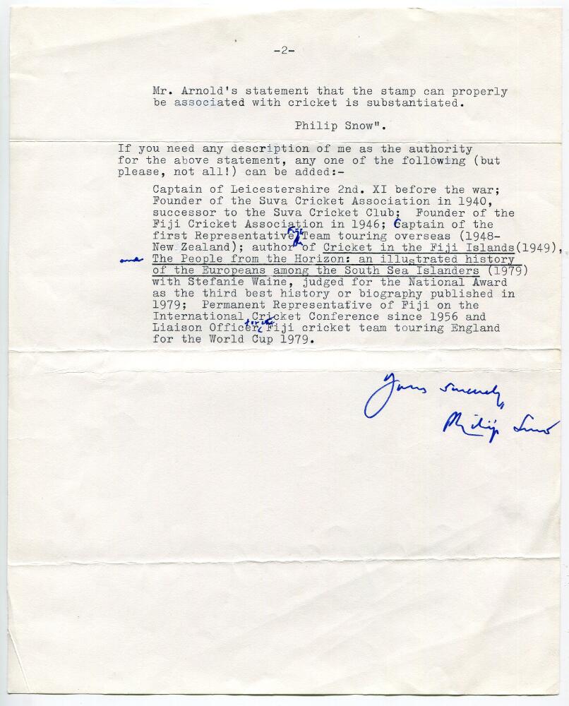 Philip A. Snow, cricket author. Two page typed letter with handwritten annotations and corrections